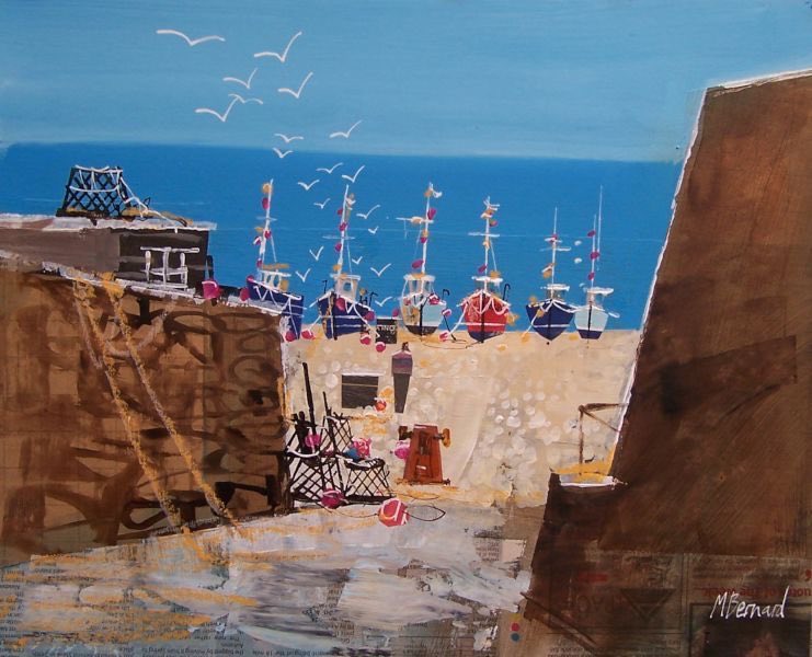 Mike Bernard. 
English artist and teacher. 
 Mixed Media is his genre and he’s very good at it!  I like this one because it’s so open and summery 
Wish I was by the seaside today .