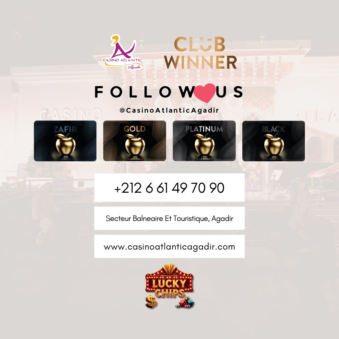 CasinoAtlanticA's tweet photo. 🎉 CLUB WINNER – Lucky Chips
🔸 Obtenez votre carte fidélité à la réception et rejoignez le Club Winner.
🔸 Présentez votre carte au pit boss pour débloquer des avantages exclusifs.
🔸 Récupérez vos Lucky Chips chaque semaine !
#ClubWinner #LuckyChips #CasinoAtlanticAgadir https://t.co/ScHFEbsFHT