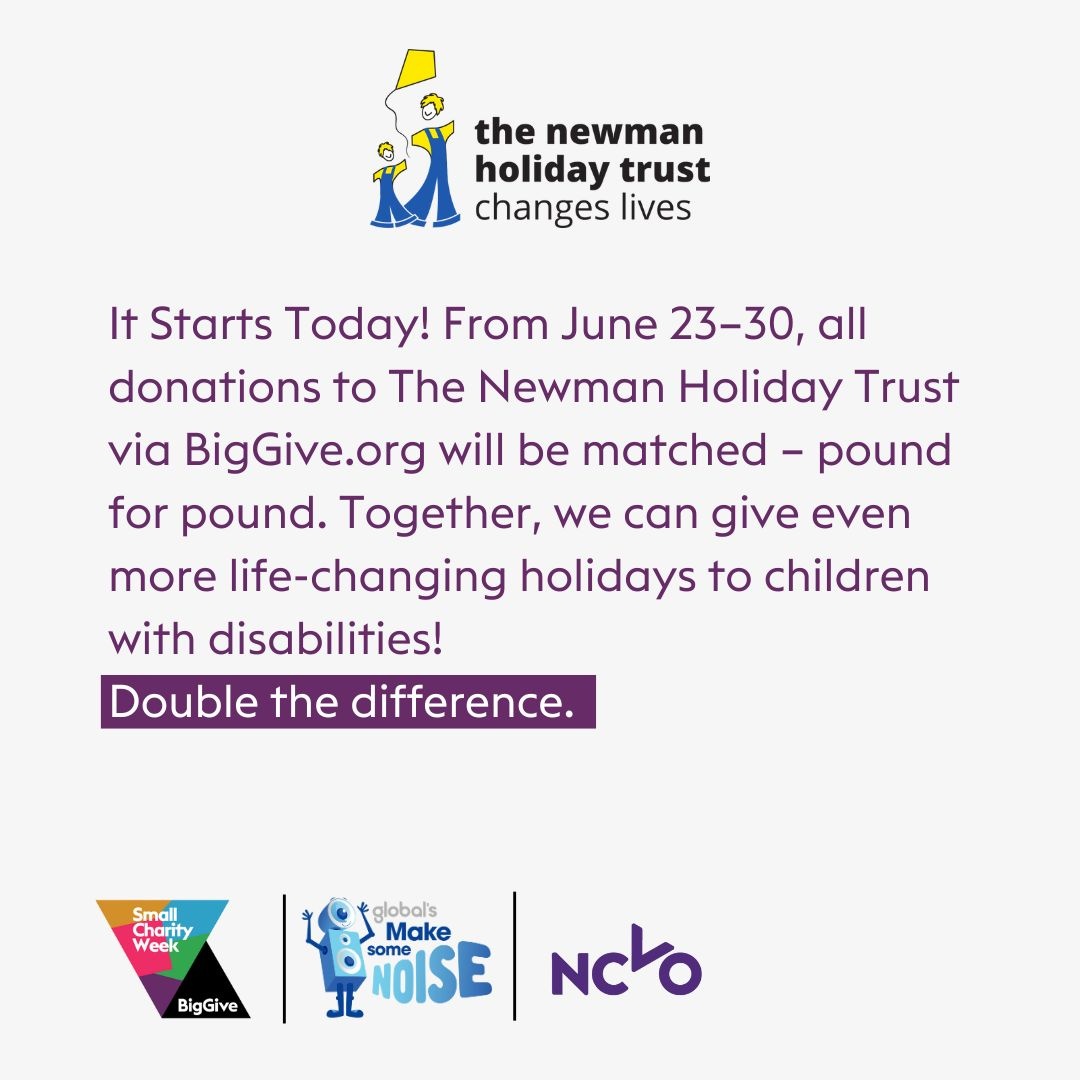 🚨 It’s here! For one week only, your donation to The Newman Holiday Trust can go twice as far.

We’re part of <a href="/BigGive/">Big Give</a>’s Small Charity Week - where every penny you give is matched.

✨ Give now and double the difference for children with disabilities.

donate.biggive.org/campaign/a05WS…