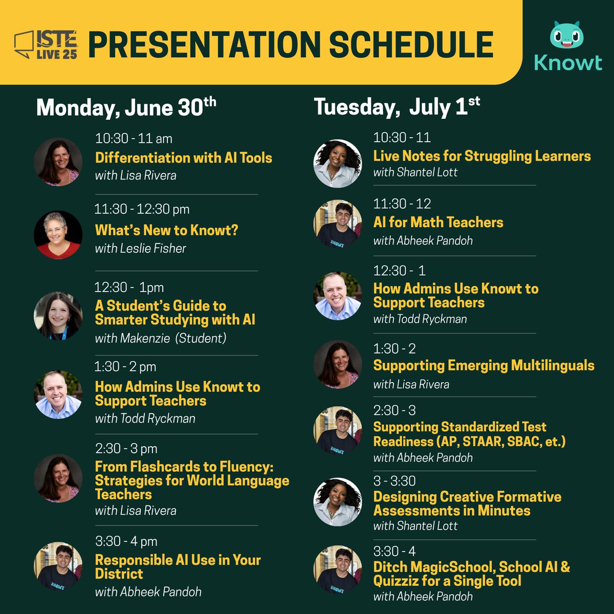 MackCityRivera's tweet photo. Stop and catch one of my presentations at @KnowtTeam Booth 3457 and check out the full schedule! See you in San Antonio at #ISTE!
#iste25 #istelive #istelive25 #edtech #aitools https://t.co/kxmPHb7oVD