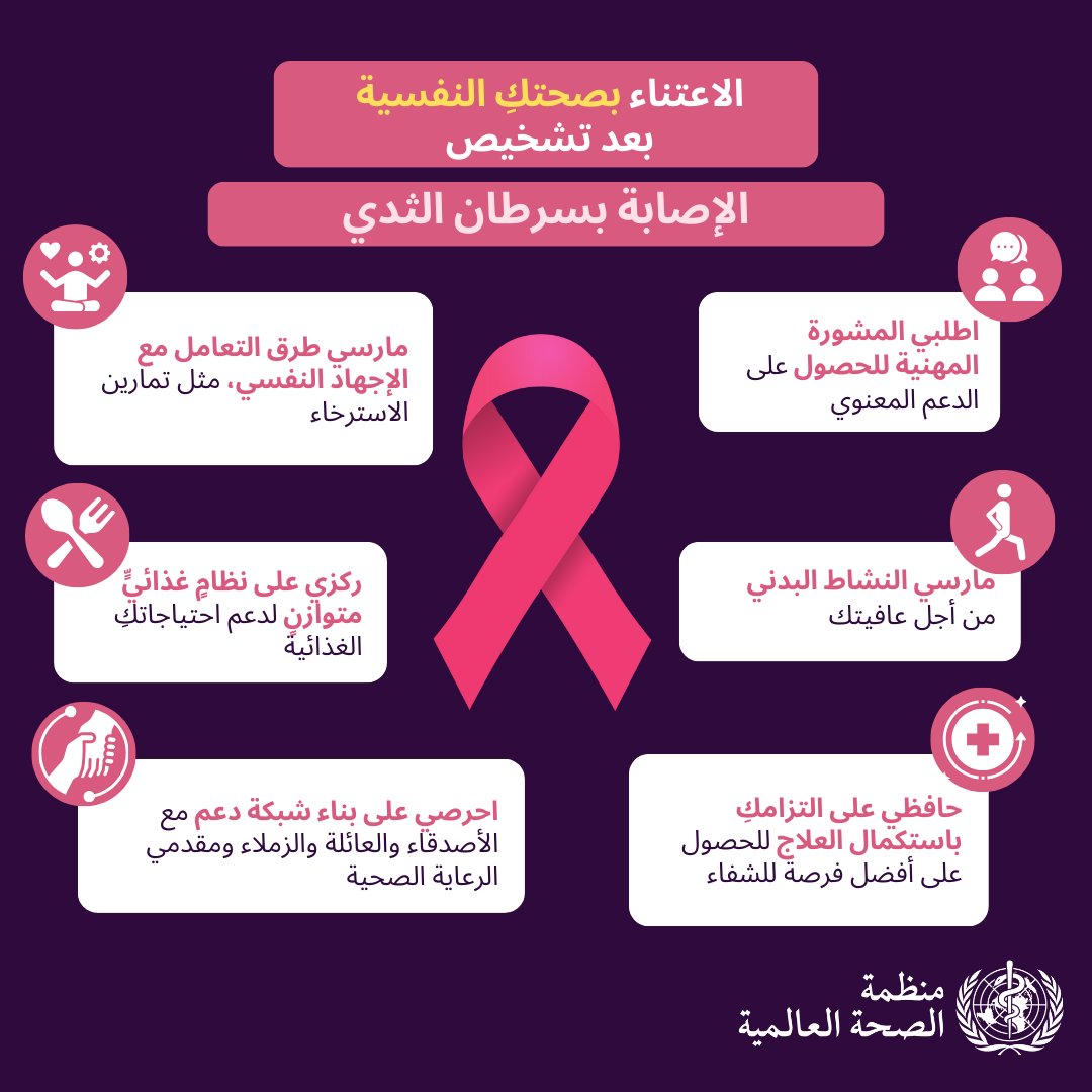 6 نصائح للاعتناء بصحتك النفسية بعد تشخيص الإصابة بسرطان الثدي:

1⃣ اطلبي المشورة المهنية للحصول على الدعم المعنوي

2⃣ مارسي النشاط البدني من أجل عافيتك

3⃣ حافظي على التزامكِ باستكمال العلاج للحصول على أفضل فرصة للشفاء

4⃣ مارسي طرق التعامل مع الإجهاد النفسي، مثل تمارين الاسترخاء