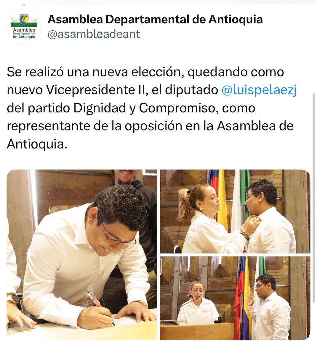 Antioquia Amanece (@antamanece) on Twitter photo Se posesionó el diputado <a href="/luispelaezj/">Luis PELÁEZ</a> como Vicepresidente 2do en la <a href="/asambleadeant/">Asamblea Departamental de Antioquia</a>. Entra en representación de la oposición. Se posesionó el diputado <a href="/luispelaezj/">Luis PELÁEZ</a> como Vicepresidente 2do en la <a href="/asambleadeant/">Asamblea Departamental de Antioquia</a>. Entra en representación de la oposición.