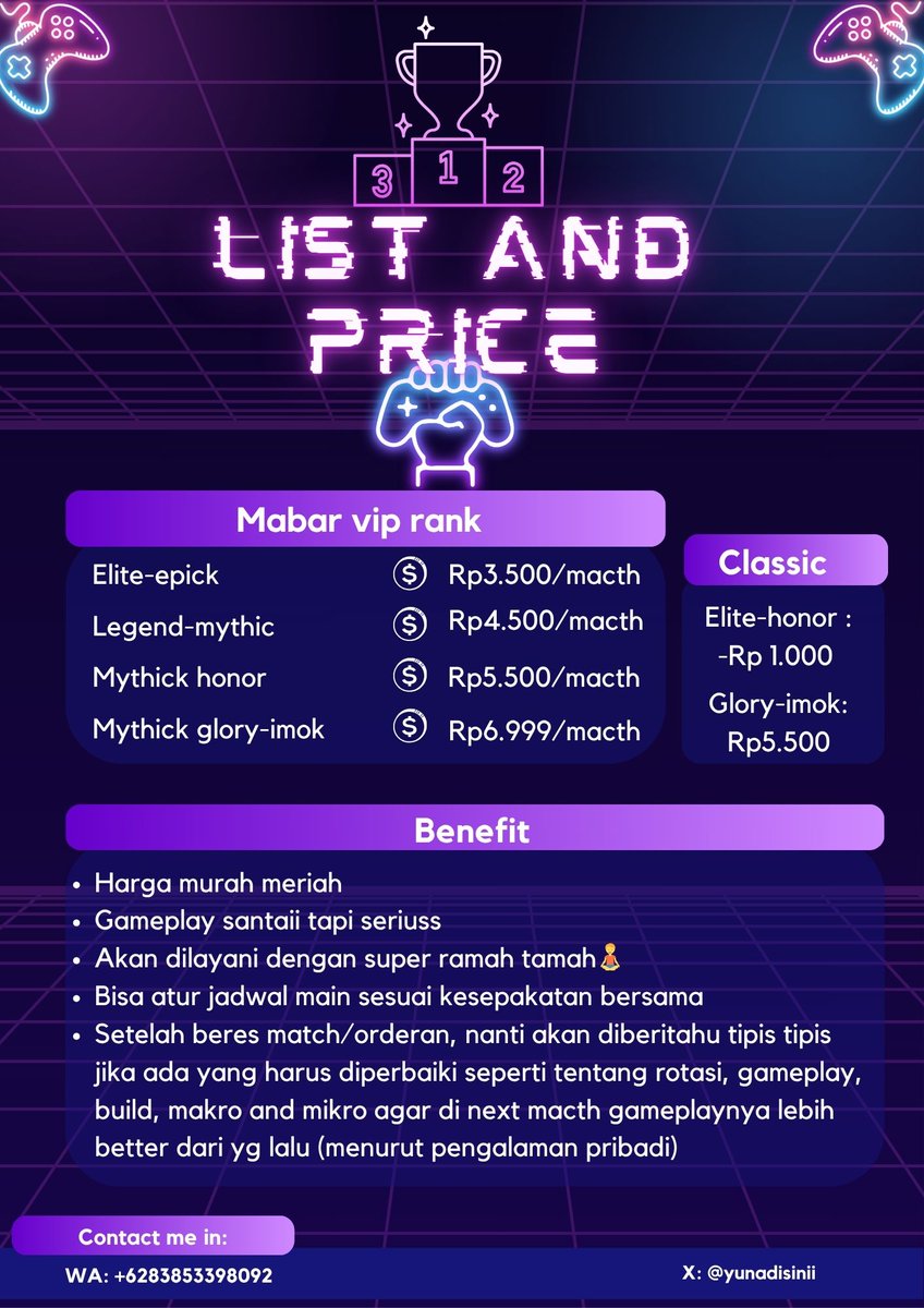 hai hai hallo ges, apakah disini kalian tidak mempunyai temen Mabar? rank nya stuck disitu situ aja? sinii merapat ges karna yap kami membuka jasa Mabar VIP dengan banyaknya benefit yg bisa kalian dapat
karna kita baru buka, 5 orang pertama yg order akan mendapatkan diskon khusus