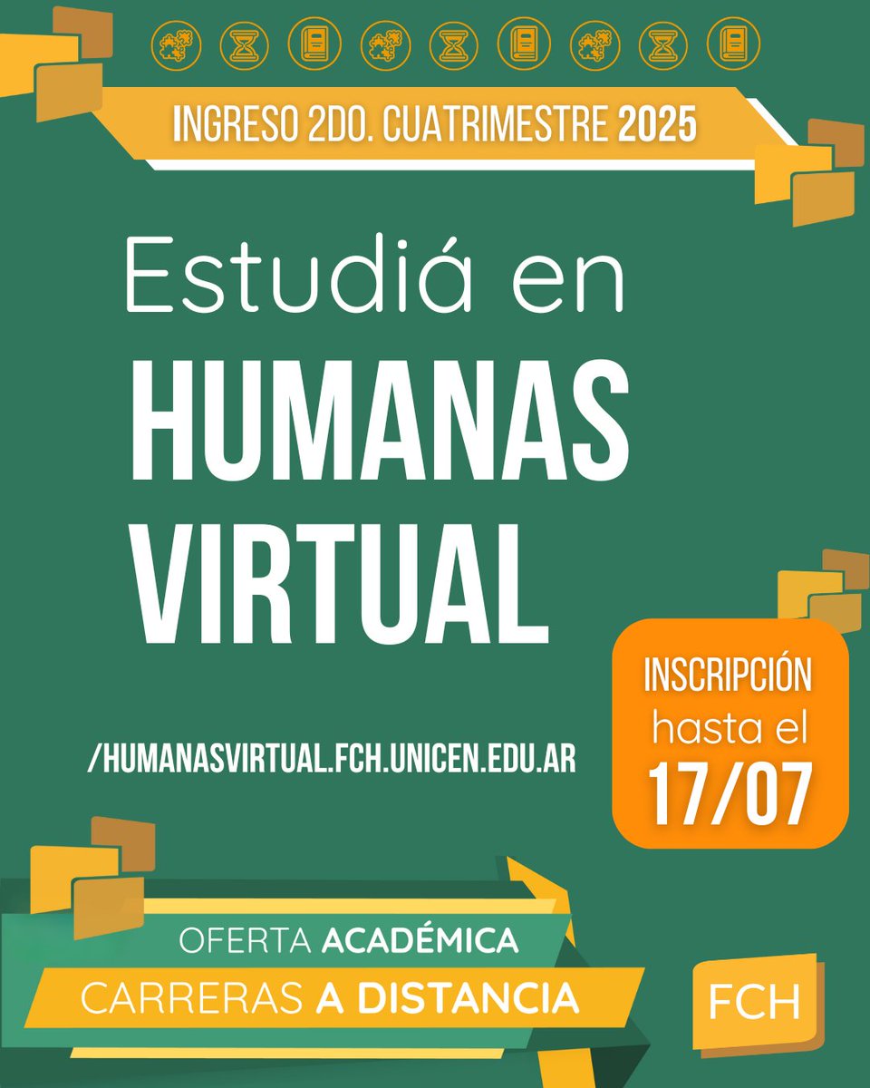 Hasta el 17/07 se encuentra abierta la inscripción a las siguientes #carrerasvirtuales: 📖Lic. en Cs. de la Educación 🧩Lic. en Educación Inicial ⏳Lic. en Historia | Inscribite ingresando en shorturl.at/KP0NV