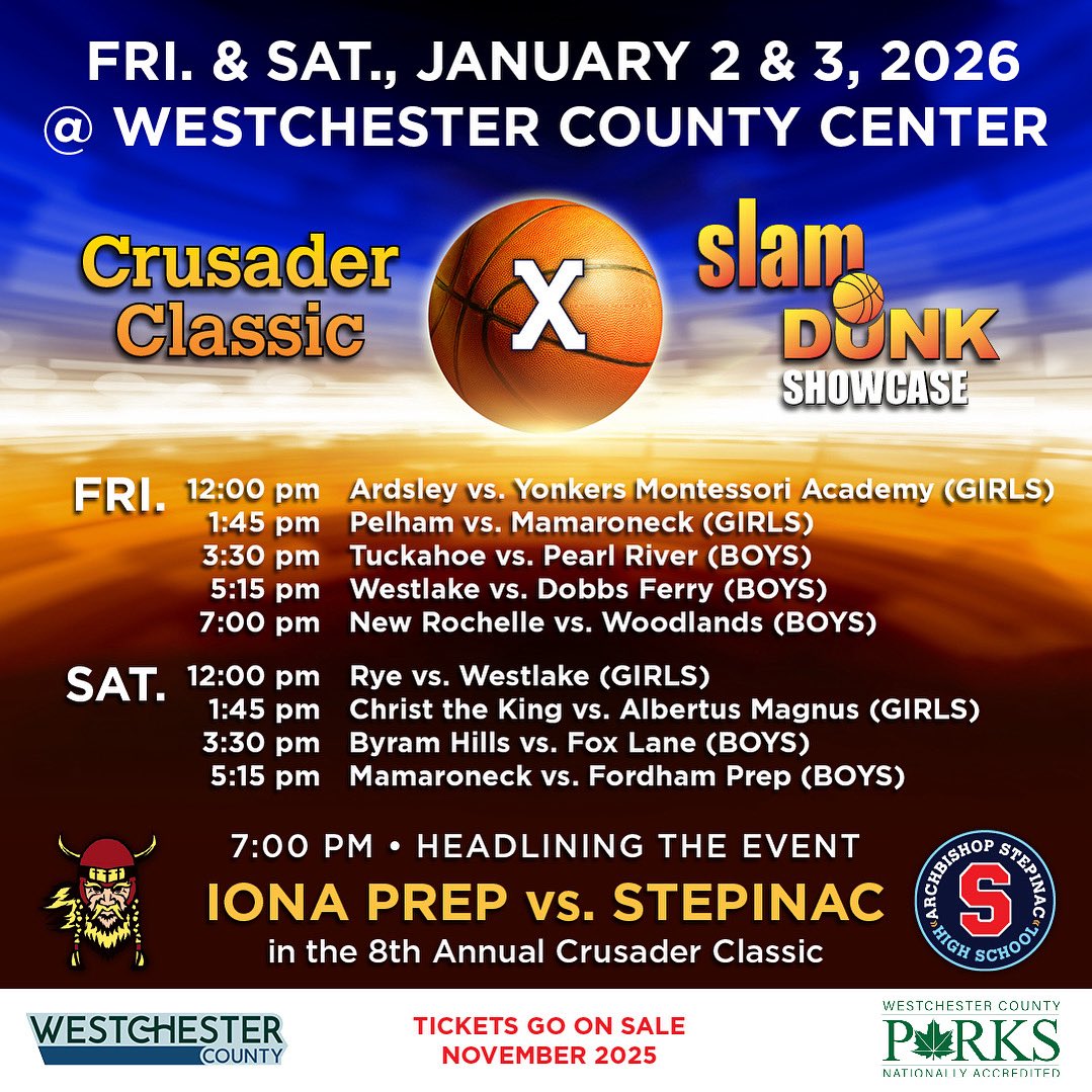 The Slam Dunk x Crusader Classic is BACK!

Save the dates for January 2026! 

Stepinac is proud to return to the Westchester County Center on January 2–3, 2026 for one of the most anticipated events of the winter sports season!

📅 Two days of elite high school hoops
🔥 10