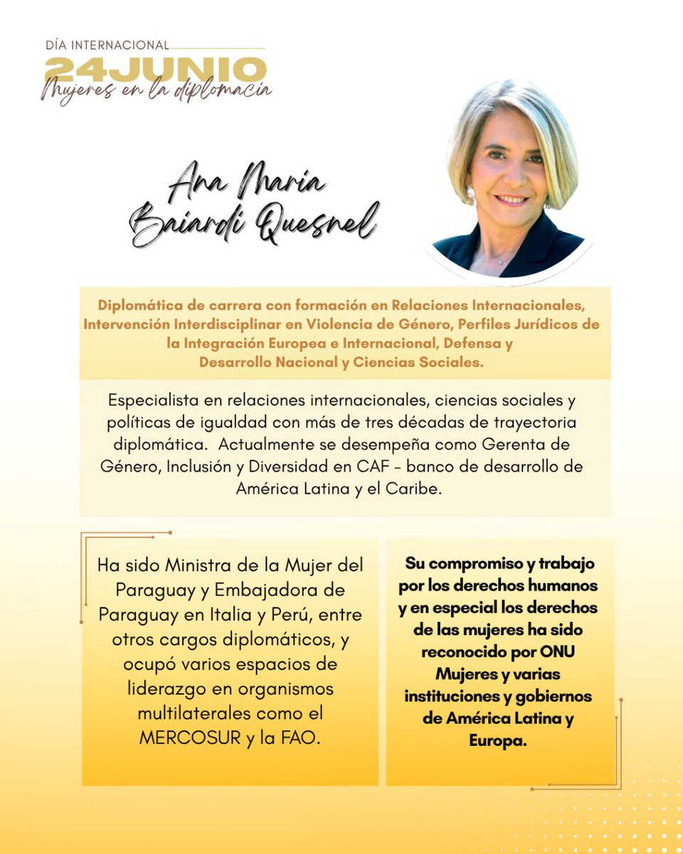 24 de junio – Día Internacional de las Mujeres en la Diplomacia 👩🏻‍💼✨🌎

Perfil de la Embajadora Ana María Baiardi Quesnel

Gerenta de Género, Inclusión y Diversidad en CAF - Banco de Desarrollo de América Latina y el Caribe <a href="/AnaBaiardi6/">Ana Baiardi</a>