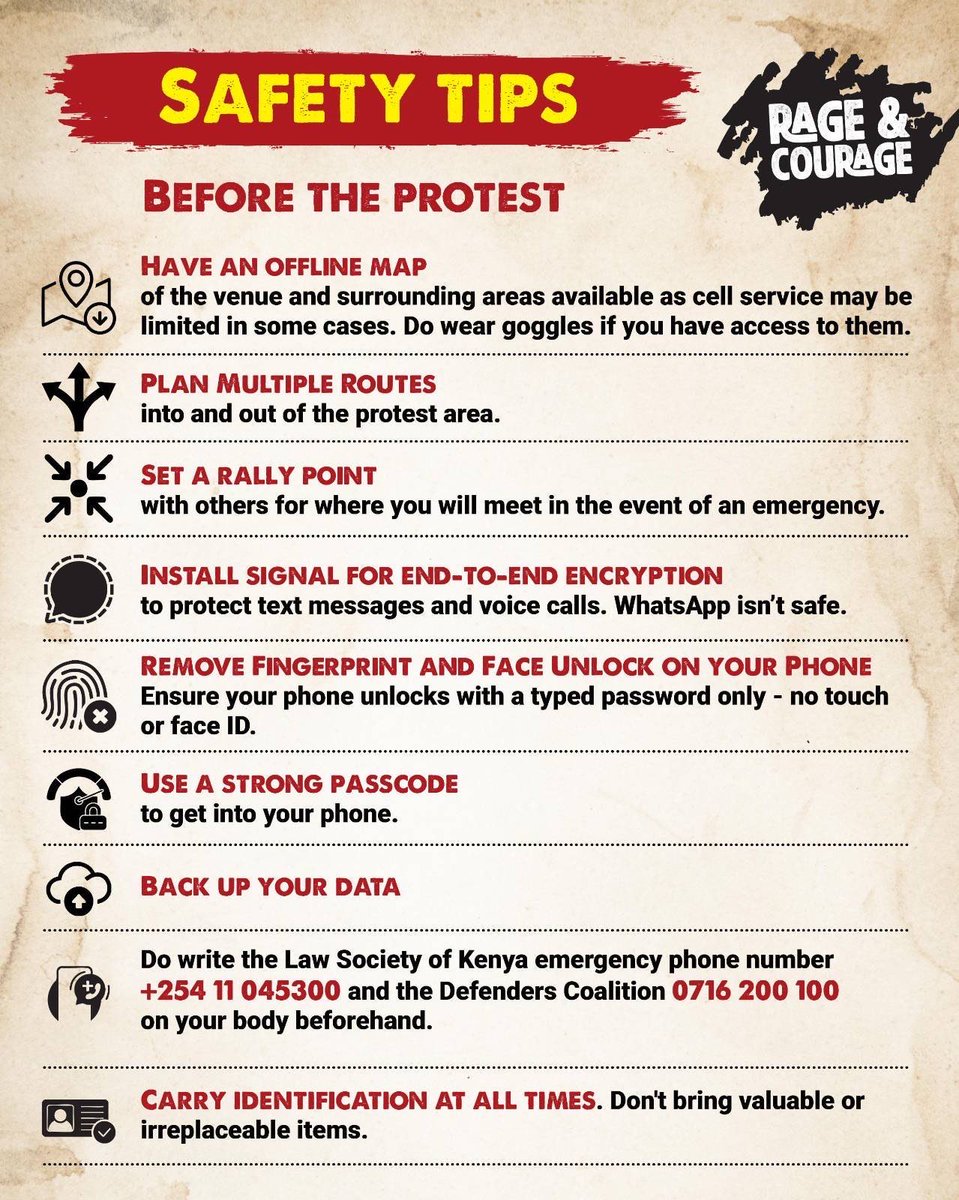 bonifacemwangi's tweet image. Important information for taking part in peaceful protests. See you in the streets, and be safe. #Justice4OurMashujaa #NeverForgetKE #FagiaWote