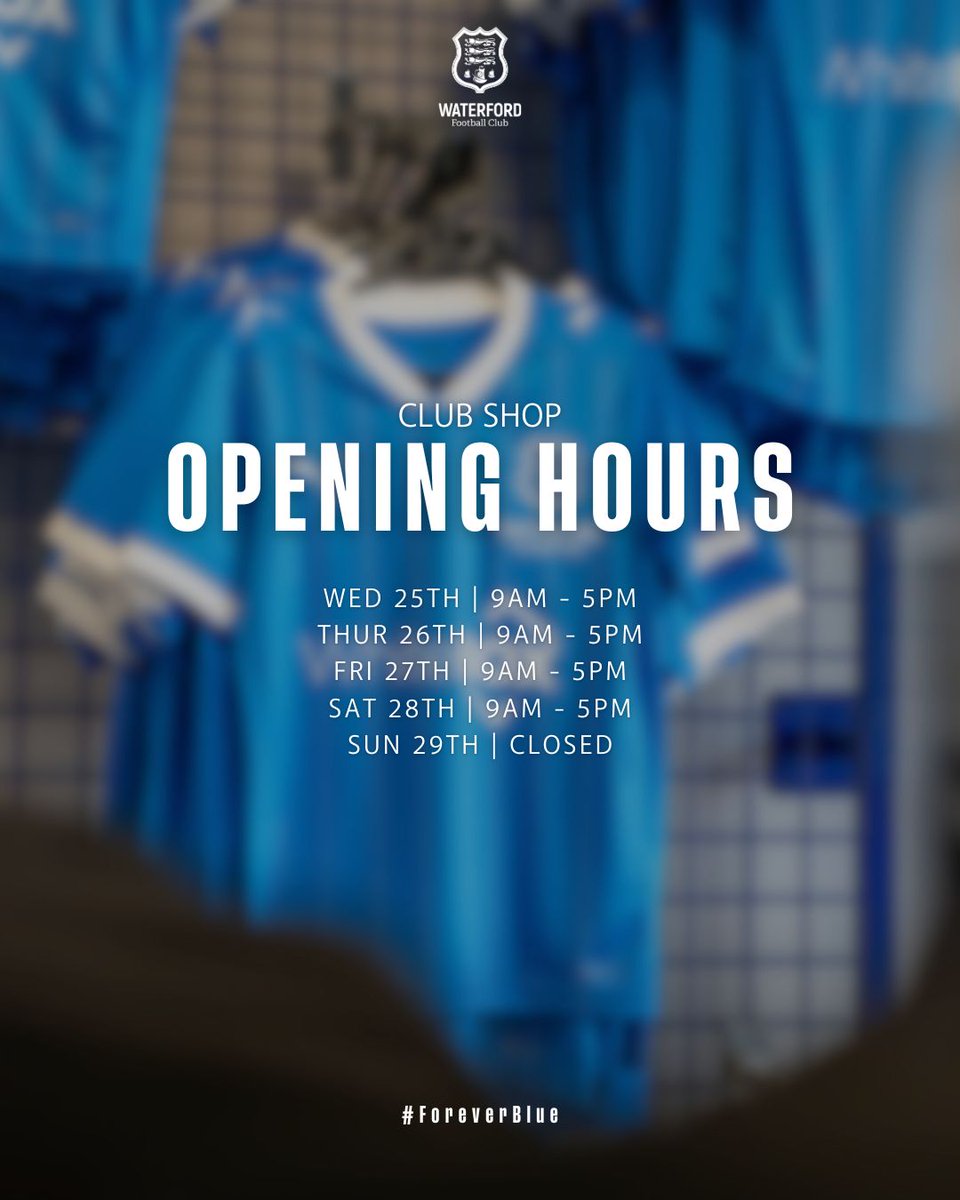 🛒 | Our Club Shop opening hours for the remainder of this week 👇

📍 Unit 2, Kingsmeadow Retail Park (X91 EK20)

Alternatively you can shop online at waterfordfcstore.com 💻

#WaterfordFC