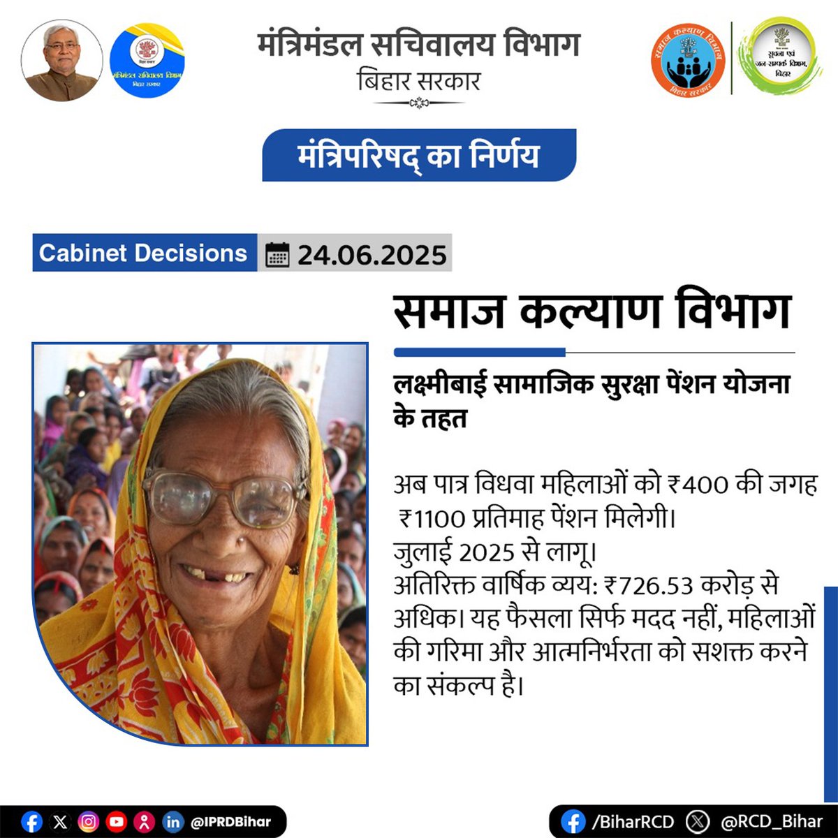 Social Welfare Department, Bihar (@doswbihar) on Twitter photo рдЖрд░реНрдерд┐рдХ рд╕рд╣рд╛рд░рд╛ рдирд╣реАрдВ, рдЕрдм рдЖрддреНрдорд╕рдореНрдорд╛рди рдХреА рдкрд╣рдЪрд╛рдиред
рд▓рдХреНрд╖реНрдореАрдмрд╛рдИ рд╕рд╛рдорд╛рдЬрд┐рдХ рд╕реБрд░рдХреНрд╖рд╛ рдкреЗрдВрд╢рди рдпреЛрдЬрдирд╛ рдХреЗ рддрд╣рдд рдЕрдм рдкрд╛рддреНрд░ рд╡рд┐рдзрд╡рд╛ рдорд╣рд┐рд▓рд╛рдУрдВ рдХреЛ тВ╣400 рдХреА рдЬрдЧрд╣ тВ╣1100 рдкреНрд░рддрд┐рдорд╛рд╣ рдкреЗрдВрд╢рди тАФ рдЬреБрд▓рд╛рдИ 2025 рд╕реЗ рд▓рд╛рдЧреВред
рд░рд╛рдЬреНрдп рд╕рд░рдХрд╛рд░ рдХрд╛ рдпрд╣ рдирд┐рд░реНрдгрдп рдорд╣рд┐рд▓рд╛рдУрдВ рдХреА рдЧрд░рд┐рдорд╛, рдЖрддреНрдордирд┐рд░реНрднрд░рддрд╛ рдФрд░ рд╕рд╢рдХреНрддрд┐рдХрд░рдг рдХрд╛ рдкреНрд░рддреАрдХ рд╣реИред
<a href="/SahniBihar/">Madan sahni</a> рдЖрд░реНрдерд┐рдХ рд╕рд╣рд╛рд░рд╛ рдирд╣реАрдВ, рдЕрдм рдЖрддреНрдорд╕рдореНрдорд╛рди рдХреА рдкрд╣рдЪрд╛рдиред
рд▓рдХреНрд╖реНрдореАрдмрд╛рдИ рд╕рд╛рдорд╛рдЬрд┐рдХ рд╕реБрд░рдХреНрд╖рд╛ рдкреЗрдВрд╢рди рдпреЛрдЬрдирд╛ рдХреЗ рддрд╣рдд рдЕрдм рдкрд╛рддреНрд░ рд╡рд┐рдзрд╡рд╛ рдорд╣рд┐рд▓рд╛рдУрдВ рдХреЛ тВ╣400 рдХреА рдЬрдЧрд╣ тВ╣1100 рдкреНрд░рддрд┐рдорд╛рд╣ рдкреЗрдВрд╢рди тАФ рдЬреБрд▓рд╛рдИ 2025 рд╕реЗ рд▓рд╛рдЧреВред
рд░рд╛рдЬреНрдп рд╕рд░рдХрд╛рд░ рдХрд╛ рдпрд╣ рдирд┐рд░реНрдгрдп рдорд╣рд┐рд▓рд╛рдУрдВ рдХреА рдЧрд░рд┐рдорд╛, рдЖрддреНрдордирд┐рд░реНрднрд░рддрд╛ рдФрд░ рд╕рд╢рдХреНрддрд┐рдХрд░рдг рдХрд╛ рдкреНрд░рддреАрдХ рд╣реИред
<a href="/SahniBihar/">Madan sahni</a>
