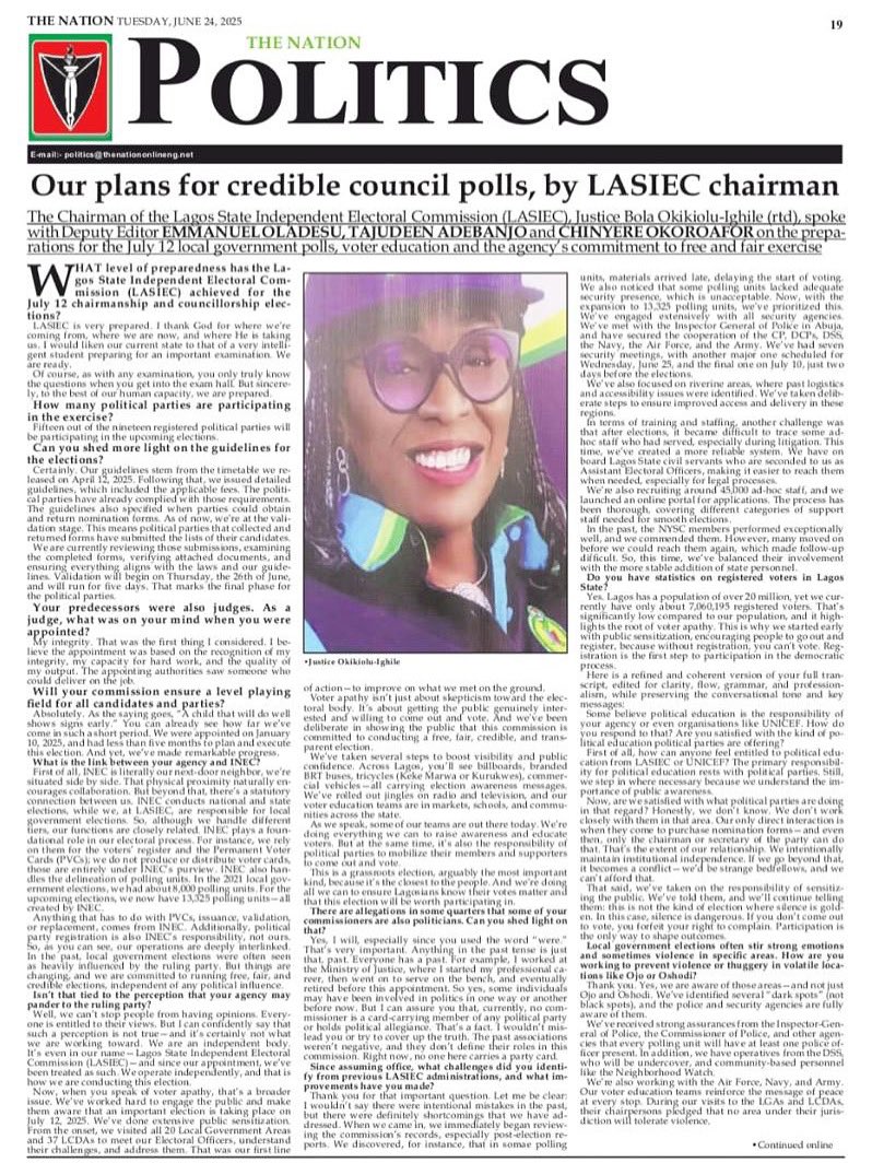 The Chairman of the Lagos State Independent Electoral Commission, Hon. Justice Bola Okikiolu-Ighile in a chat with <a href="/TheNationNews/">The Nation Nigeria</a> today reiterated the role of the commission in delivering credible elections to the people of Lagos State.
#yourvoiceyourvoteourmandate
#lasieclagos