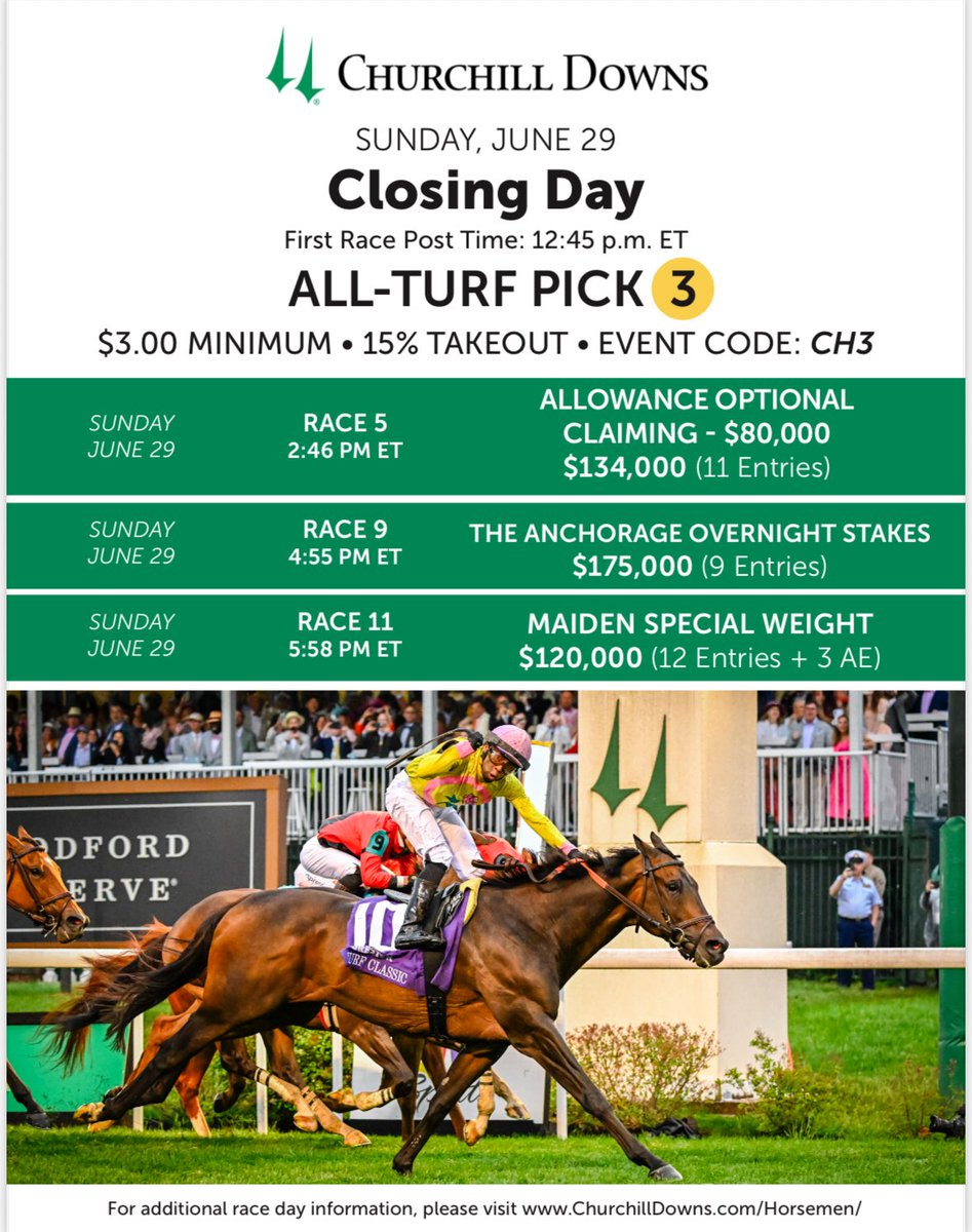 Kevin Kerstein (@horseracingkk) on Twitter photo Saturday and Sunday at <a href="/ChurchillDowns/">Churchill Downs</a> we will offer a special $3 All Turf Pick 3. See below for more info: Saturday and Sunday at <a href="/ChurchillDowns/">Churchill Downs</a> we will offer a special $3 All Turf Pick 3. See below for more info:
