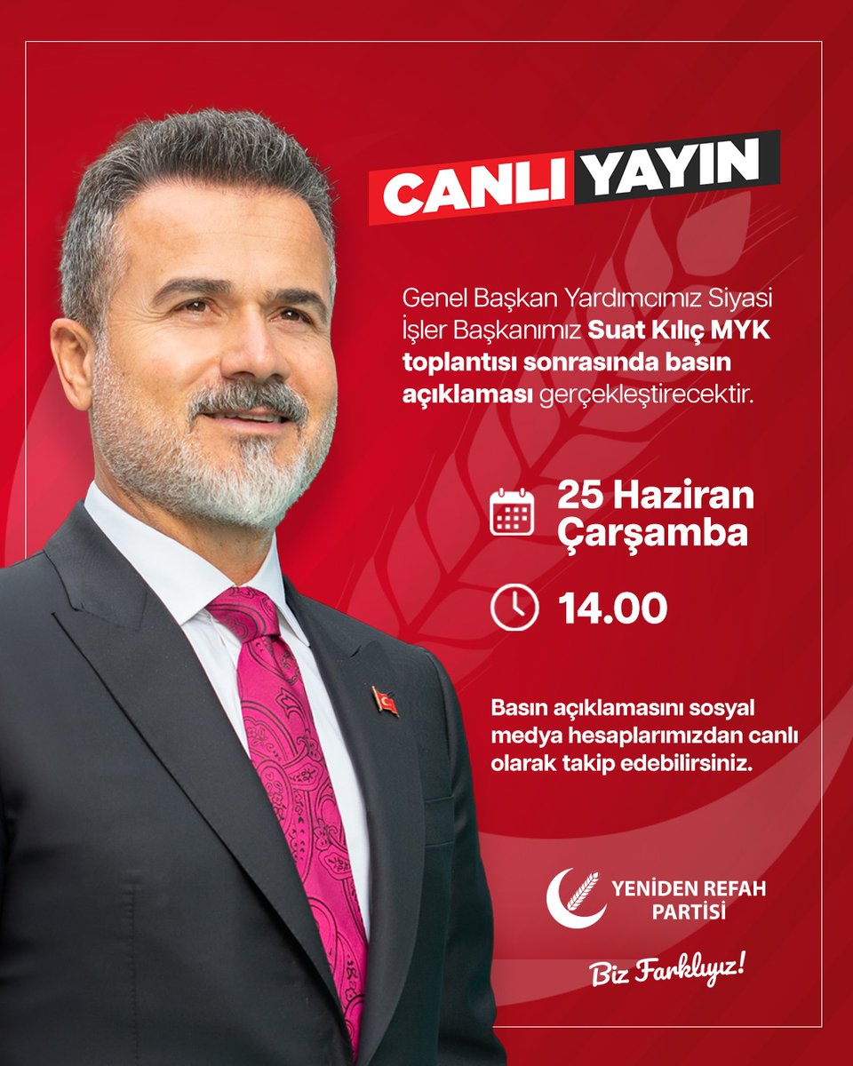 Genel Başkan Yardımcımız Siyasi İşler Başkanımız Suat Kılıç MYK toplantısı sonrasında basın açıklaması gerçekleştirecektir.

📅 25 Haziran Çarşamba (Bugün)
🕐 14.00
📡 Basın toplantısını sosyal medya hesaplarımızdan canlı olarak takip edebilirsiniz.