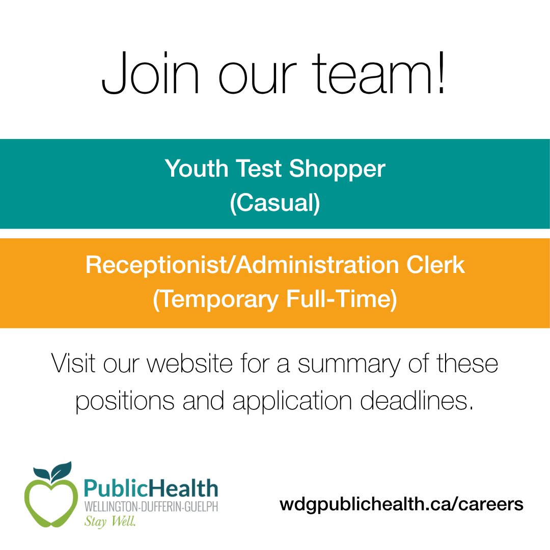 Join our team! We are currently recruiting for the following roles:

🛒  Youth Test Shopper (Casual)
🖥️ Reception/Administration Clerk (Temporary Full Time)
Visit our website for full job descriptions, closing dates, and application instructions: wdgpublichealth.ca/careers