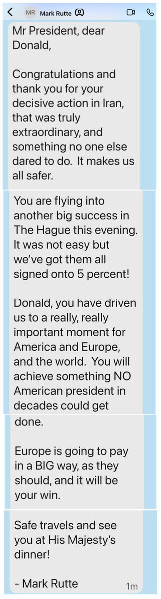 Trump publica una captura de mensajes privados que le envía el secretario general de la OTAN, Mark Rutte tinyurl.com/5fkp388y

🗨️ "Europa va a pagar a lo grande. Será tu victoria"
🗨️ "Gracias por tu acción en Irán, fue extraordinario. Nadie más se atrevió"
