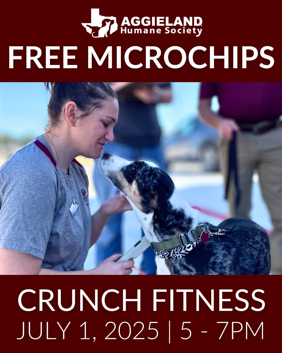 AggielandHumane's tweet image. FREE PET MICROCHIPS! 

TUESDAY, JULY 1ST | 5-7PM 
CRUNCH FITNESS ON UNIVERSITY DR

REGISTER NOW: bit.ly/free_mc_aggiel…