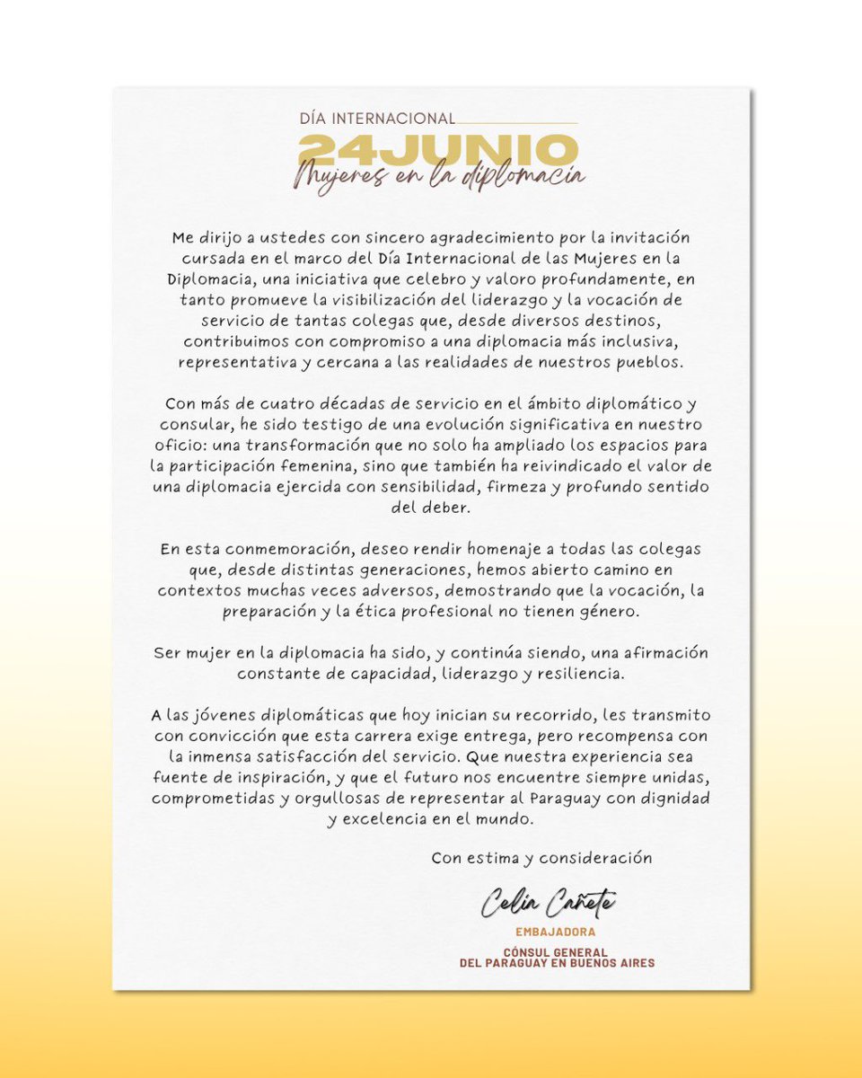 24 de junio – Día Internacional de las Mujeres en la Diplomacia 👩🏻‍💼✨🌎

Mensaje de la Embajadora Celia Esther Cañete Ledesma - Cónsul General del Paraguay en Buenos Aires, Argentina 🇦🇷 <a href="/CaneteCelia/">Celia Cañete</a>