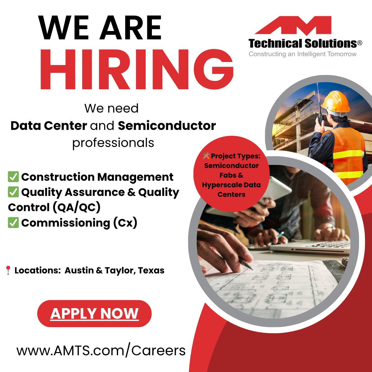 🚨 Now Hiring: Construction Mgmt, QA/QC &amp; Cx pros! 🚨

Join our Data Center &amp; Semiconductor projects in Austin &amp; Taylor, TX

Experience in mission-critical builds? Let’s connect → amts.com/careers/

#Hiring #ConstructionJobs #DataCenters #Semiconductor