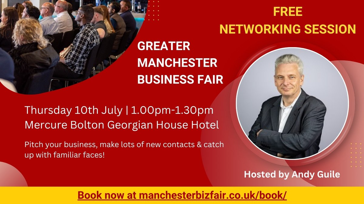 Liverpool BA (@liverpoolba) on Twitter photo FREE Networking Session hosted by <a href="/askandyguile/">Andy Guile</a> at next week's #ManchesterBizFair
🗓️ Thursday 10th July ⏰ 1.00pm-1.30pm 📍 Mercure Bolton Georgian House Hotel
Book now at manchesterbizfair.co.uk/book/ FREE Networking Session hosted by <a href="/askandyguile/">Andy Guile</a> at next week's #ManchesterBizFair
🗓️ Thursday 10th July ⏰ 1.00pm-1.30pm 📍 Mercure Bolton Georgian House Hotel
Book now at manchesterbizfair.co.uk/book/