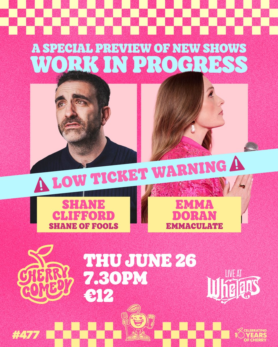 CherryComedy's tweet image. β οΈ LOW TICKET WARNING! β οΈ
We're just two days away from kicking off our Work in Progress series and kicking off with a bang - Shane Clifford & Emma Doran are bringing previews of their upcoming shows to Whelan's on June 26th and there's just a handful of tickets left! π₯
Grabβ¦
