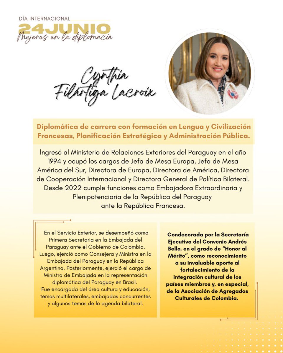 24 de junio – Día Internacional de las Mujeres en la Diplomacia 👩🏻‍💼✨🌎

Mensaje y perfil de la Embajadora Cynthia Filártiga Lacroix, representante del Paraguay ante Francia 🇫🇷 <a href="/filartigacyn/">Cynthia Filártiga Lacroix</a>