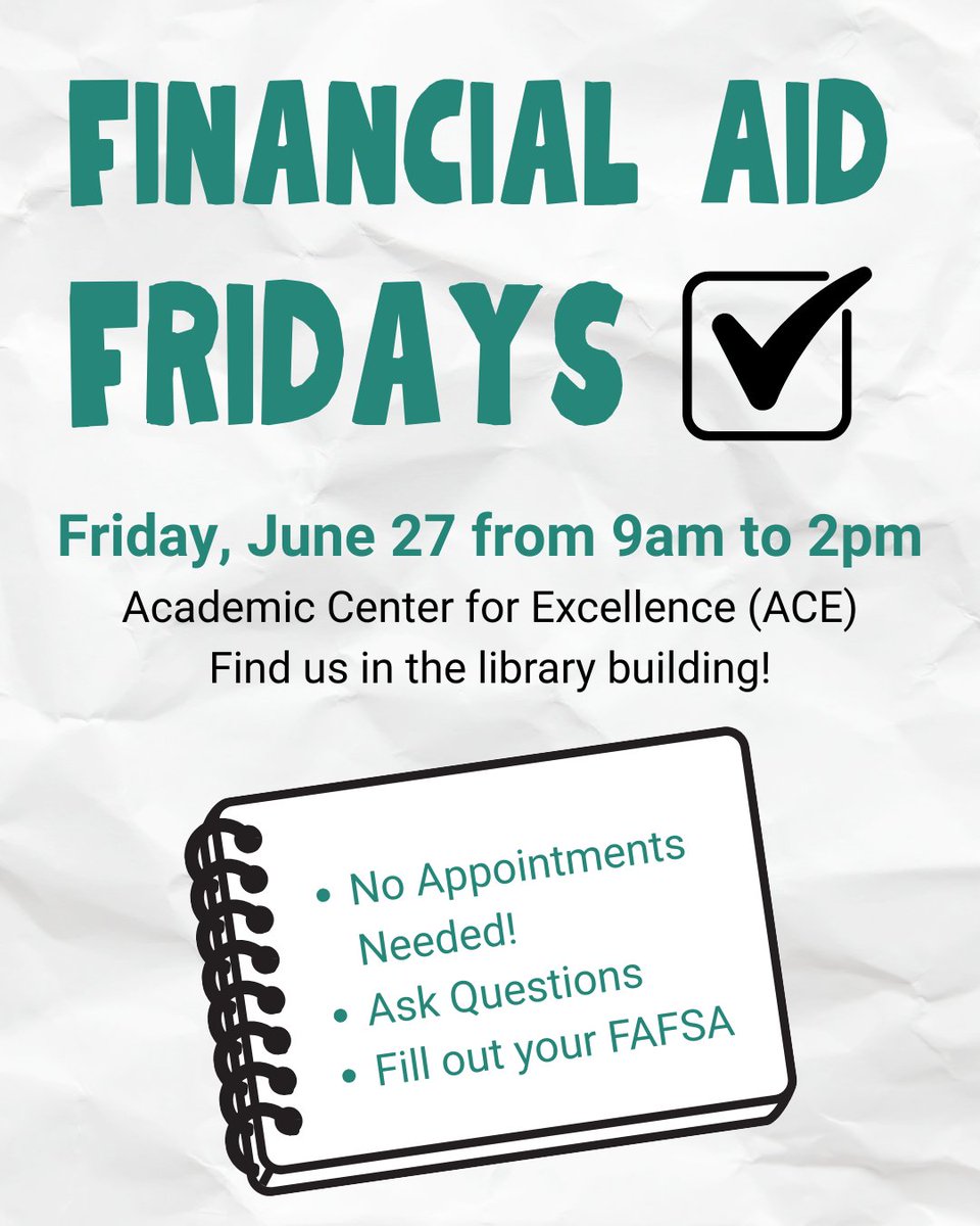 Our first Financial Aid Friday of the summer is happening this week! ☀ Need help understanding your financial aid offer, filling out your FAFSA form, or just want to ask questions? Drop in anytime from 9am to 2pm! #choosecommunity #youbelonghere