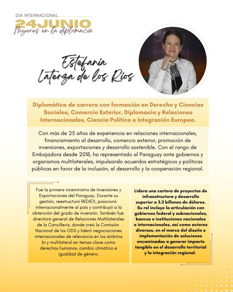 24 de junio – Día Internacional de las Mujeres en la Diplomacia 👩🏻‍💼✨🌎

Perfil de la Embajadora Estefanía Laterza de los Ríos, Directora y Representante de CAF - Banco de Desarrollo de América Latina y el Caribe - en el Brasil 🇧🇷 <a href="/stefanialat/">Estefania Laterza</a>