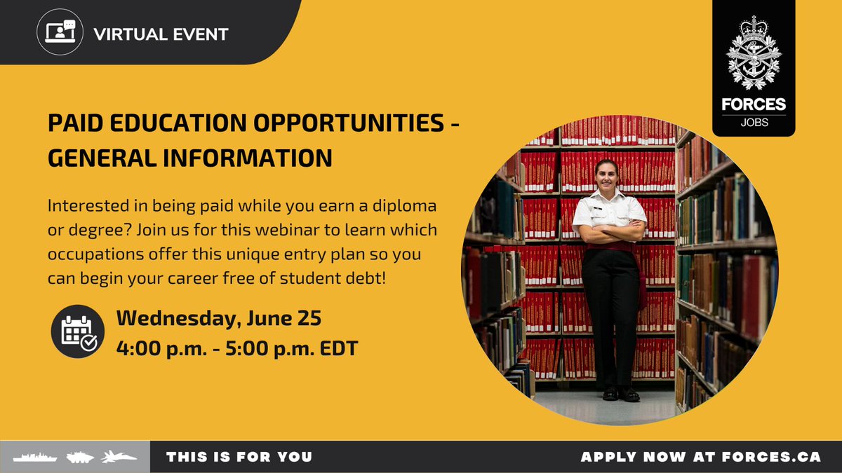 Do you want to learn how the Canadian Armed Forces can help you get a diploma or degree?  Join us for a virtual info session and learn how we can help you meet your goals with one of our paid education programs. Register now: forces.ca/en/events/#/de…