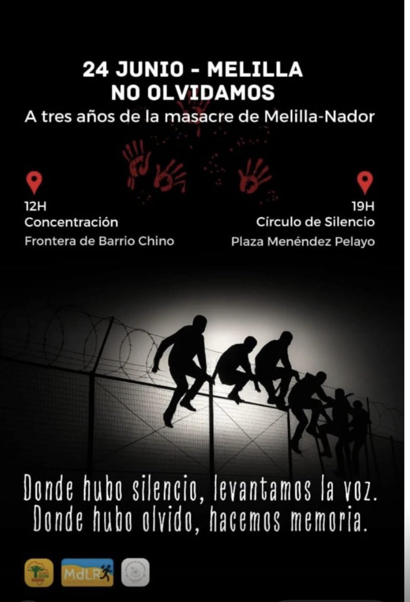 24J. Que no pase el día sin recordar que hace 3 años ocurrió la más sangrienta masacre de humanos en las fronteras europeas. Melilla no olvidamos 
No fueron muertes, fueron asesinatos racistas patrocinados y financiados.