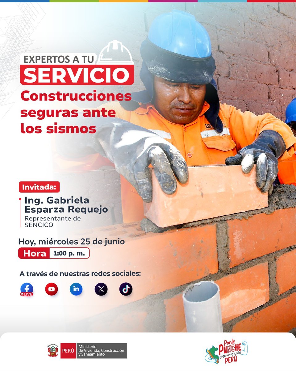 ¡Protege tu hogar! 🔴 Este miércoles, en #ExpertosATuServicio, conocerás cómo construir de forma segura y te brindaremos recomendaciones para reforzar tu vivienda ante posibles sismos.  🏠 

📆 Miércoles 25 de junio.
⏰ 1:00 p. m.

¡Síguenos en vivo y realiza tus consultas por