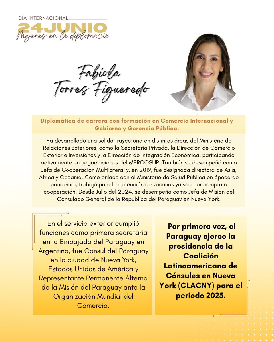 24 de junio – Día Internacional de las Mujeres en la Diplomacia 👩🏻‍💼✨🌎

Mensaje y perfil de la Ministra Fabiola Torres, Cónsul del Paraguay en Nueva York, Estados Unidos de América 🇺🇸