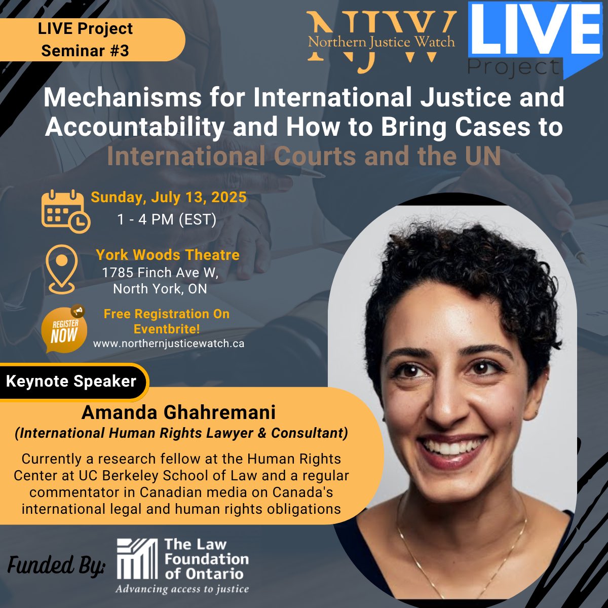 NJusticeWatch's tweet image. Join us live as we explore powerful strategies for promoting unity and pursuing justice for victims of atrocity crimes. Hosted by Northern Justice Watch, this third seminar dives deep into the next chapter of pursuing justice.
Register now on eventbrite! eventbrite.ca/e/live-project……