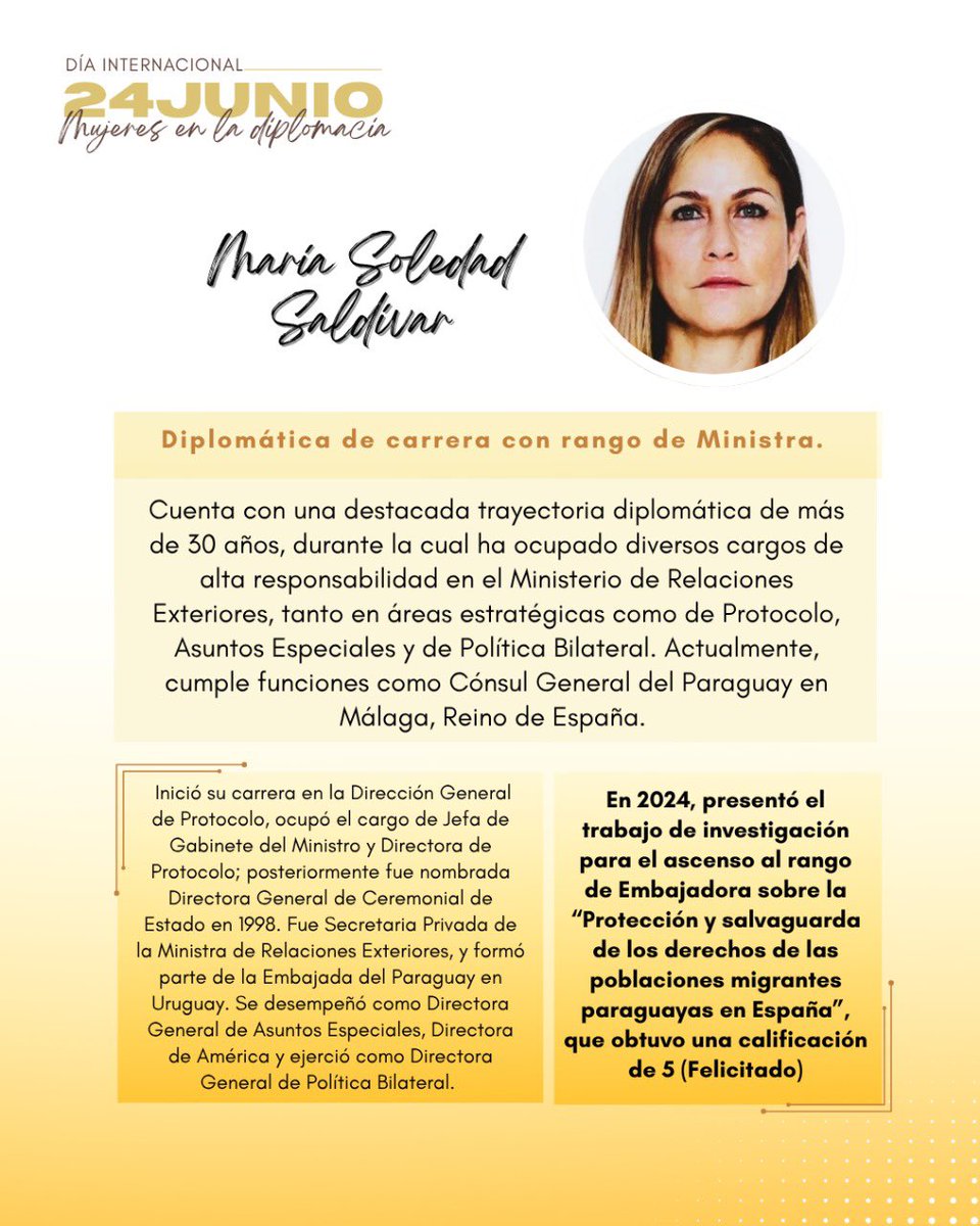 24 de junio – Día Internacional de las Mujeres en la Diplomacia 👩🏻‍💼✨🌎

Perfil de la Ministra María Soledad Saldívar, Cónsul General del Paraguay en Málaga, España 🇪🇸 <a href="/Mssr60Saldivar/">maria soledad saldivar r</a>