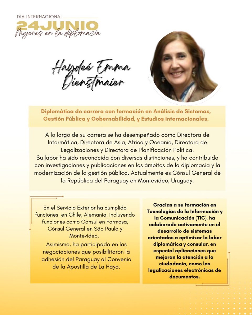 24 de junio – Día Internacional de las Mujeres en la Diplomacia 👩🏻‍💼✨🌎

Mensaje y perfil de la Embajadora Haydeé Emma Dienstmaier, Cónsul General del Paraguay en Montevideo, Uruguay 🇺🇾 <a href="/HAYDEEDIEN11765/">HAYDEE DIENSTMAIER</a>