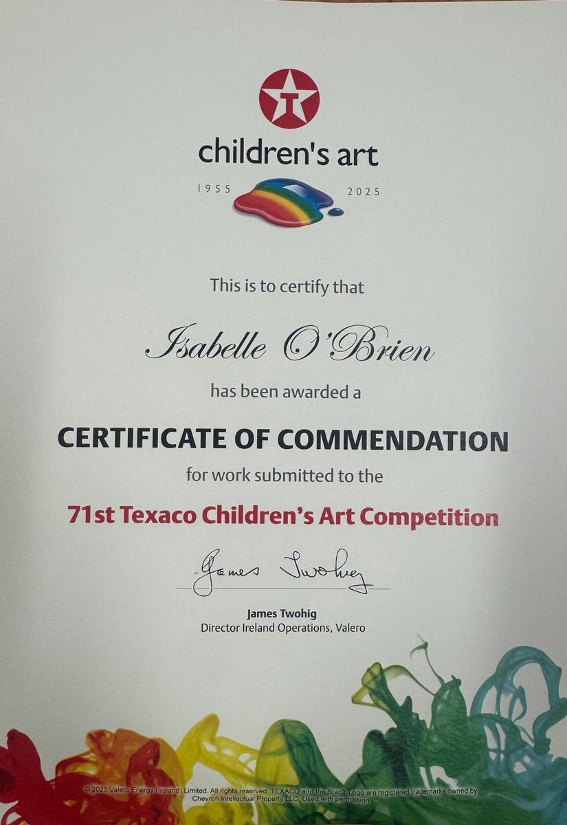 Abbey Community College, Waterford (Official) (@abbeycc_wd) on Twitter photo Congratulations to Isabelle O’Brien, who received a Certificate of Commendation in the Texaco Children’s Art Competition (16–18 category)! A fantastic achievement! <a href="/KCETB_Schools/">KCETB Schools</a> Congratulations to Isabelle O’Brien, who received a Certificate of Commendation in the Texaco Children’s Art Competition (16–18 category)! A fantastic achievement! <a href="/KCETB_Schools/">KCETB Schools</a>