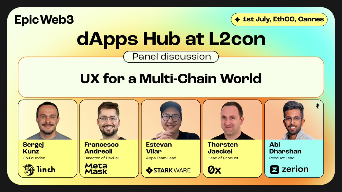 epicweb3's tweet photo. What’s the best way to create a seamless UX for dApps?
How can we simplify managing multiple wallets and chains?
Which steps will help improve navigation and increase adoption?

These are the topics for our panel discussion “UX for a Multi-Chain World” with:

@deacix, Co-Founder @1inch 
@tjaeckel, Head of Product @0xProject
@francescoswiss, Director of DevRel @MetaMask 
@zKsisyfos, Apps Team Lead @StarkWareLtd 
@abishek, Product Lead @zerion 

📅July 1st, Cannes

🔗 https://t.co/8UdGBjZ9L9