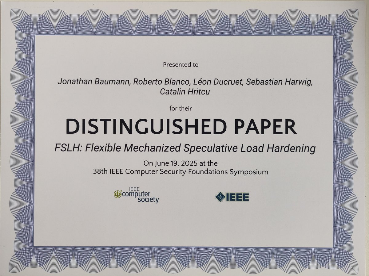 chritcu's tweet image. Our FSLH paper got a Distinguished Paper Award at CSF&apos;25. This is our first paper on defenses against speculative execution attacks 😀
arxiv.org/abs/2502.03203