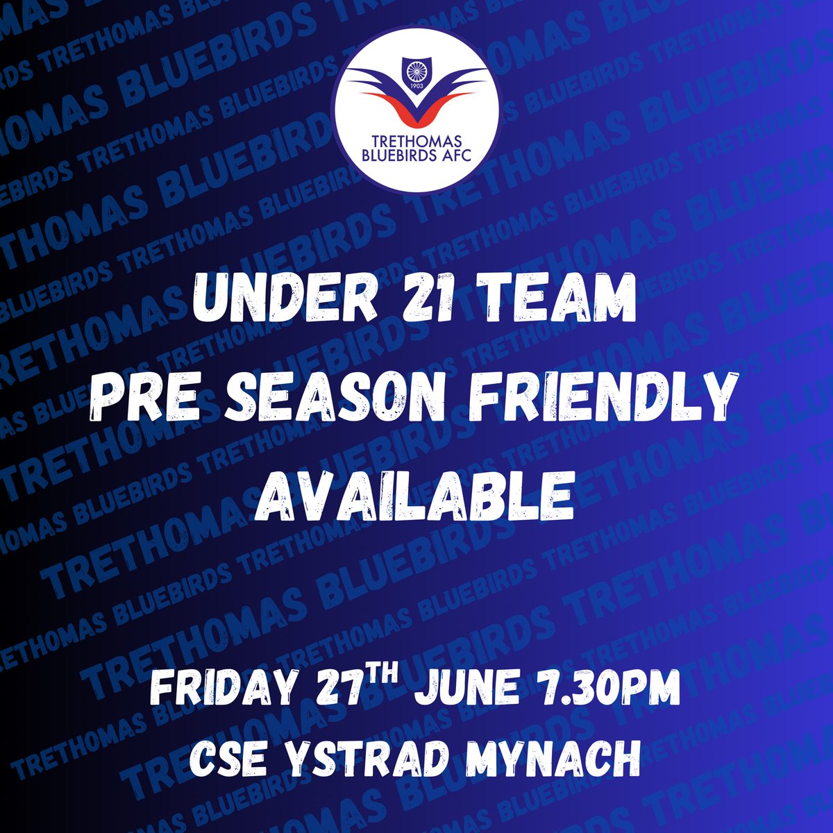 Trethomas Bluebirds AFC (@trebluebirdsfc) on Twitter photo 💙Last Minute Pre-Season💙
Our opposition have unfortunately had to drop out so we’re looking for a team of U21 or seniors who can cover the costs 50/50 this Friday.
Let us know if you can help
<a href="/FriendlySWales/">South Wales Friendlies</a> 💙Last Minute Pre-Season💙
Our opposition have unfortunately had to drop out so we’re looking for a team of U21 or seniors who can cover the costs 50/50 this Friday.
Let us know if you can help
<a href="/FriendlySWales/">South Wales Friendlies</a>