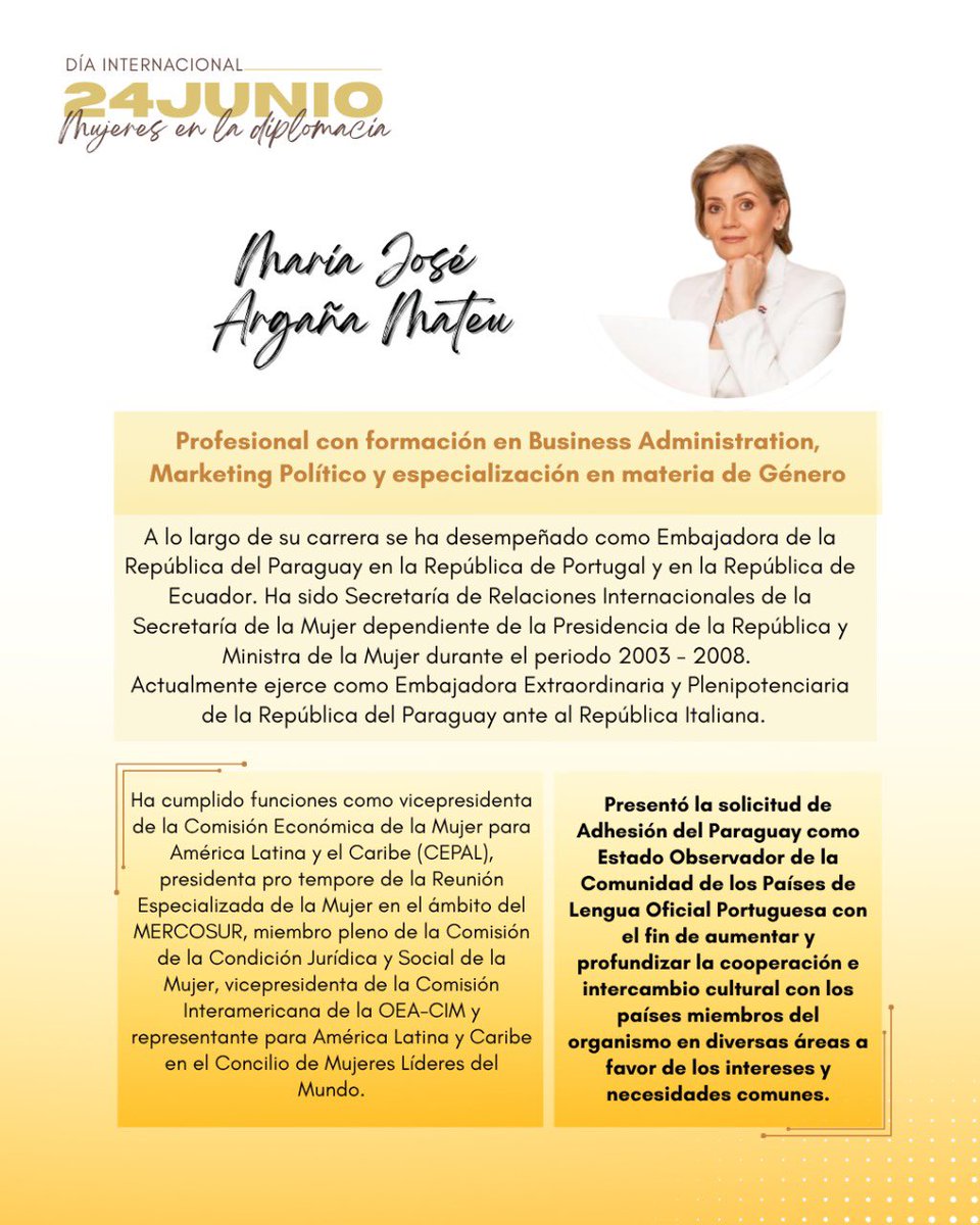 24 de junio – Día Internacional de las Mujeres en la Diplomacia 👩🏻‍💼✨🌎

Perfil de la Embajadora María José Argaña Mateu, representante del Paraguay en Italia 🇮🇹 <a href="/majoarganapy/">Maria José Argaña Mateu</a>