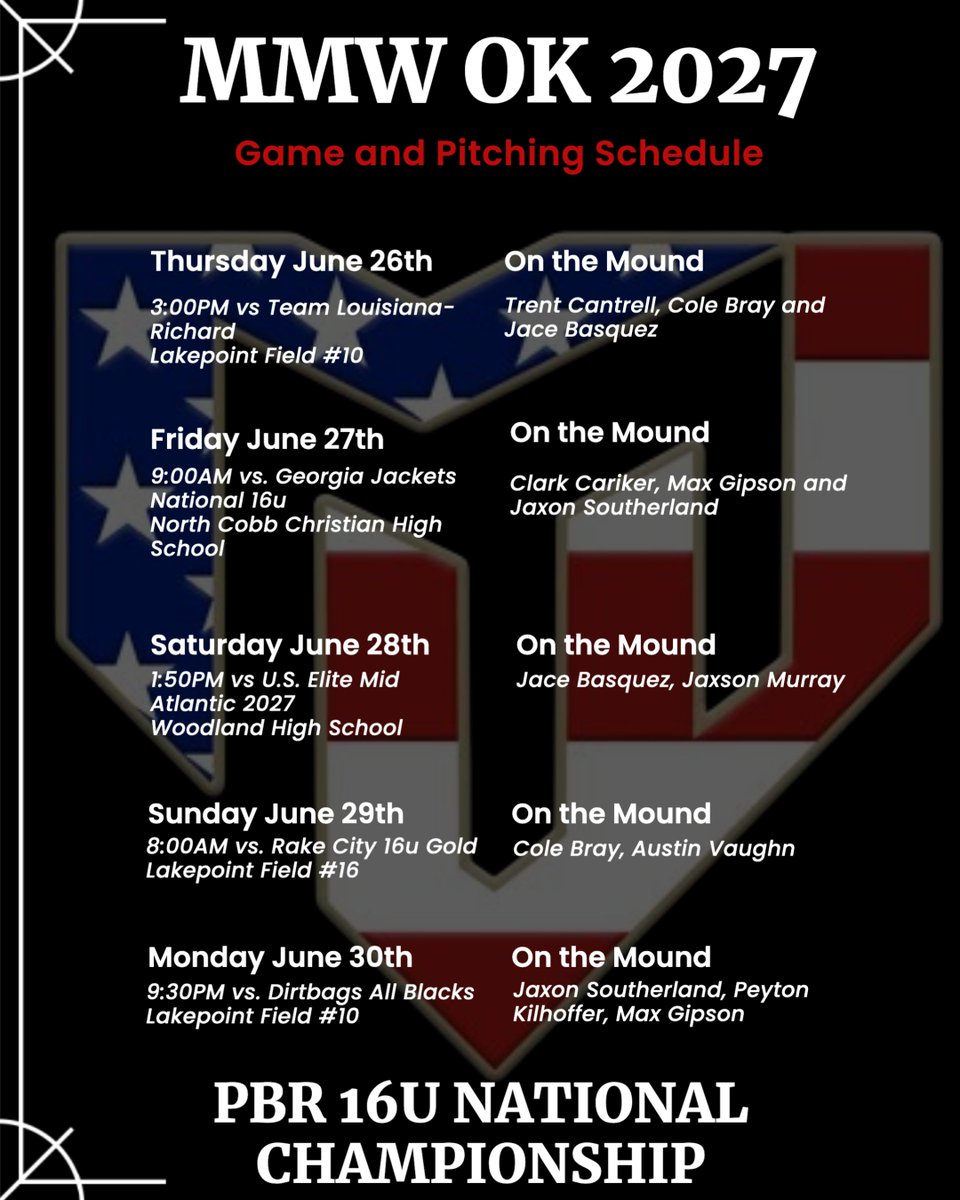 Big week coming up for the <a href="/OK_MMWBaseball/">MMW OKLAHOMA</a> 2027 boys as we head east for the <a href="/PBRTournaments/">Prep Baseball Tournaments</a> 16u National Championship at <a href="/LakePointSports/">LakePoint Sports</a>. Pool play starts Thursday afternoon!

Here is the game schedule and pitching rotation for pool play!