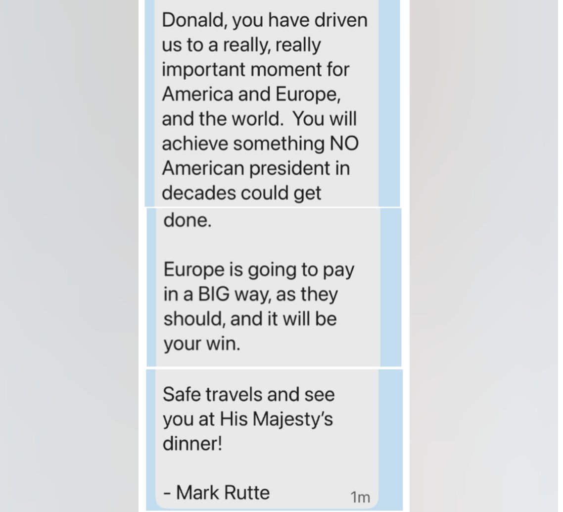 NATO Generalsekretär Mark Rutte an Donald Trump. "Europa soll und wird jetzt RICHTIG bezahlen und es ist dein Sieg." Mehr muss man nicht wissen zu den Speichelleckern in diesem Militärbündnis. Ausstieg jetzt!