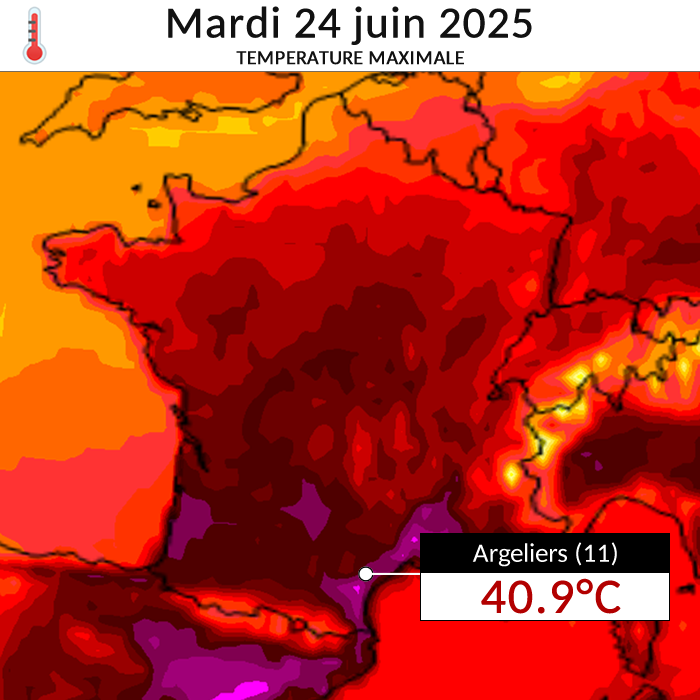 🔴 La barre des 40 degrés a été dépassée sur deux stations ce mardi : 40.9°C à Argeliers (11) &amp; 40.2°C à Moulès-et-Baucels (34). <a href="/meteociel/">Meteociel</a> 
Demain mercredi, les fortes chaleurs se décaleront vers les régions centrales et l'Est. ⚠