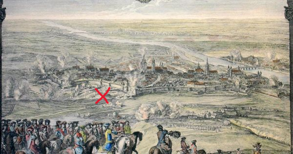 25 June 1673. Louis XIV at the camp outside Maastrict by Van der Meulen. One of the causalties of the siege will be d'Artagnan.

'Vue de la ville de Maastricht' by Daniel Marot shows the siege. The red x marks the demi-lune at the porte de Tongres where d'Artagnan was killed.