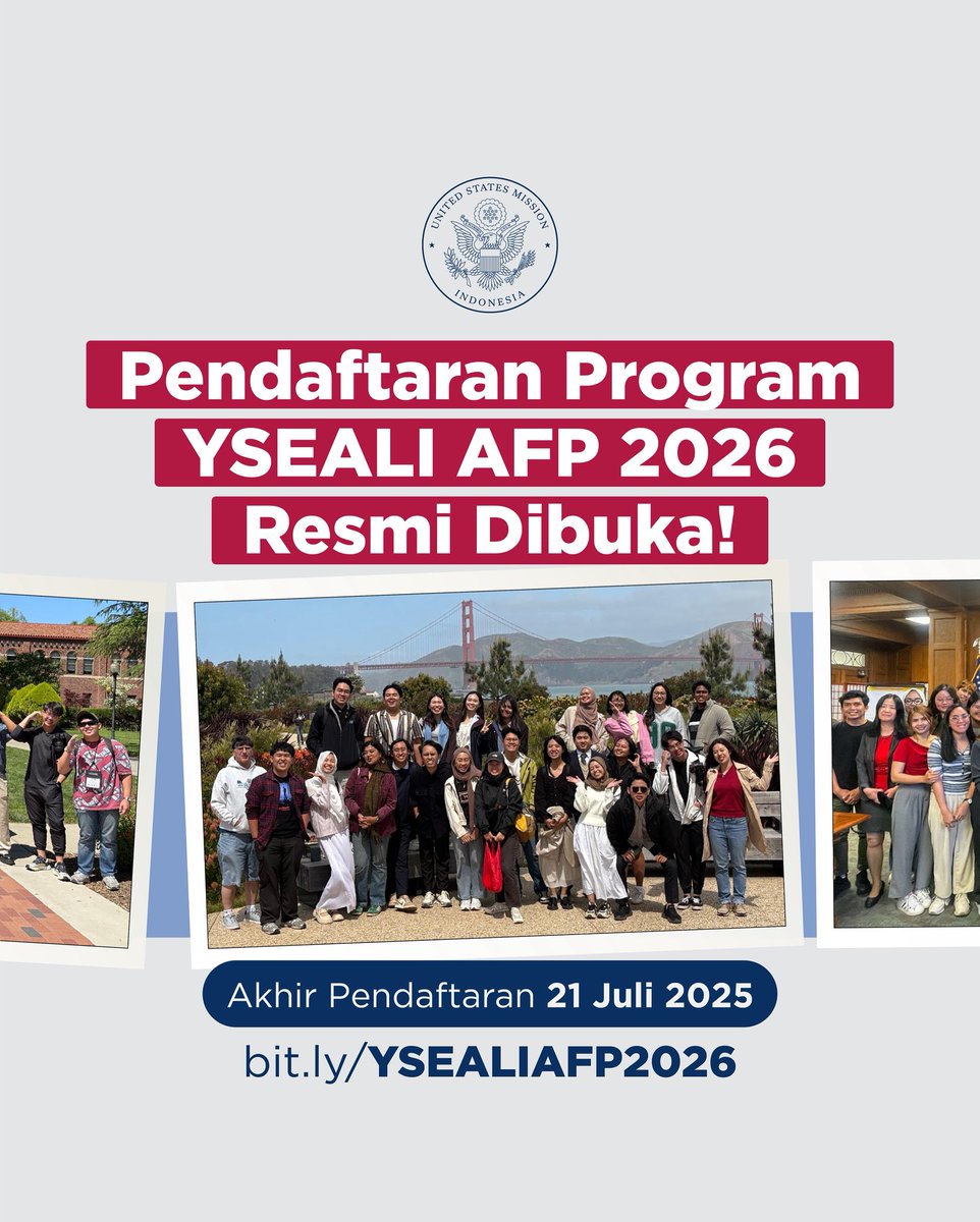 📢 Pendaftaran YSEALI Academic Fellows 2026 resmi dibuka! 📢
Siap memperluas wawasan akademik dan kemampuan kepemimpinanmu di Amerika Serikat?

🗓️ Pendaftaran dibuka: 23 Juni 2025
⏳ Tutup: 21 Juli 2025, pukul 23.59 WIB (UTC+7)

Program ini tersedia untuk Spring &amp; Fall Cohorts