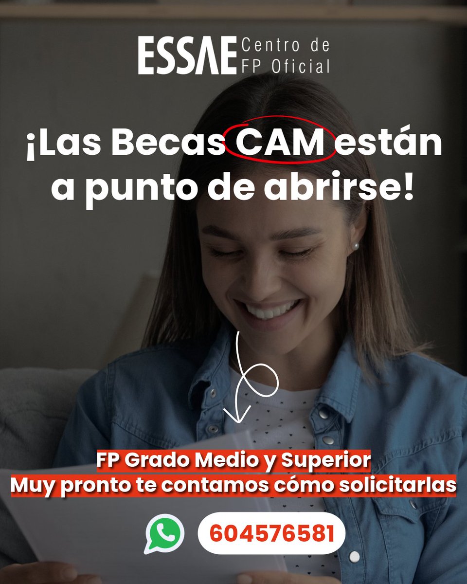 🚨 ¡Alerta becas CAM!

La ayuda para FP de la Comunidad de Madrid está a punto de salir.

📅 Muy pronto te contaremos los detalles.
👀 ¡Permanece atento!
#BecasFP #CAM #FPMadrid #ESSAE