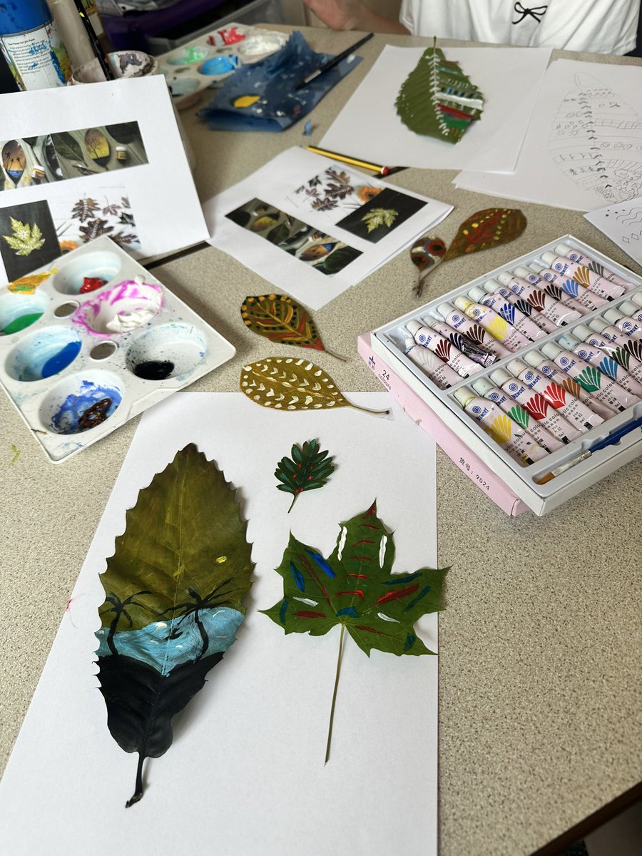 Sdlp6B's tweet image. Artist Appreciation - Lesley Richmond . Year 6 are exploring her work whilst some chose to work with acrylic on leaves @SDLPrimary @ExceedLP