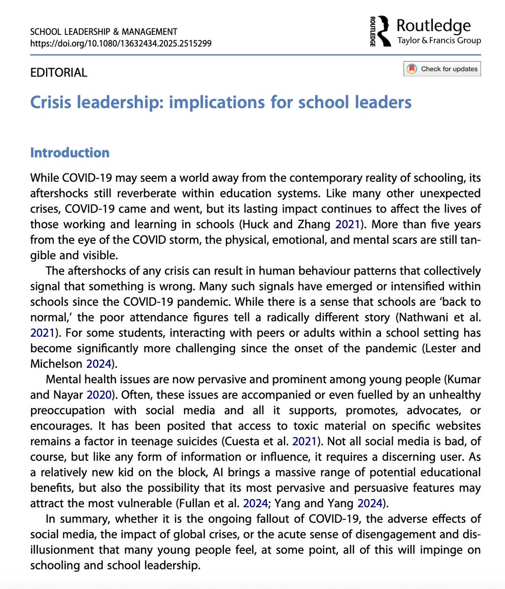 Donnie Adams (@donnieadamz1) on Twitter photo Just read this editorial from <a href="/AlmaHarris1/">Professor Alma Harris</a> <a href="/MichelleSJones1/">Professor Michelle Jones</a> <a href="/slamjrnl/">SLAMJRNL</a>. Open access: shorturl.at/KiMHQ. 5 key insights!
🌟Sensemaking is critical
🌟Communicate clearly & with empathy
🌟Team collaboration is important
🌟Learn & adapt from crises
🌟Prepare, don’t just react Just read this editorial from <a href="/AlmaHarris1/">Professor Alma Harris</a> <a href="/MichelleSJones1/">Professor Michelle Jones</a> <a href="/slamjrnl/">SLAMJRNL</a>. Open access: shorturl.at/KiMHQ. 5 key insights!
🌟Sensemaking is critical
🌟Communicate clearly & with empathy
🌟Team collaboration is important
🌟Learn & adapt from crises
🌟Prepare, don’t just react
