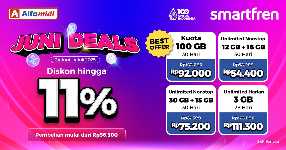 JUNI DEALS! ✨

Diskon hingga 11% untuk pembelian paket data min. 50 Ribu di Alfamidi. Berlaku 24 Juni - 4 Juli 2025. Info selengkapnya: 888. S&amp;K berlaku.

#smartfren #100PersenUntukIndonesia