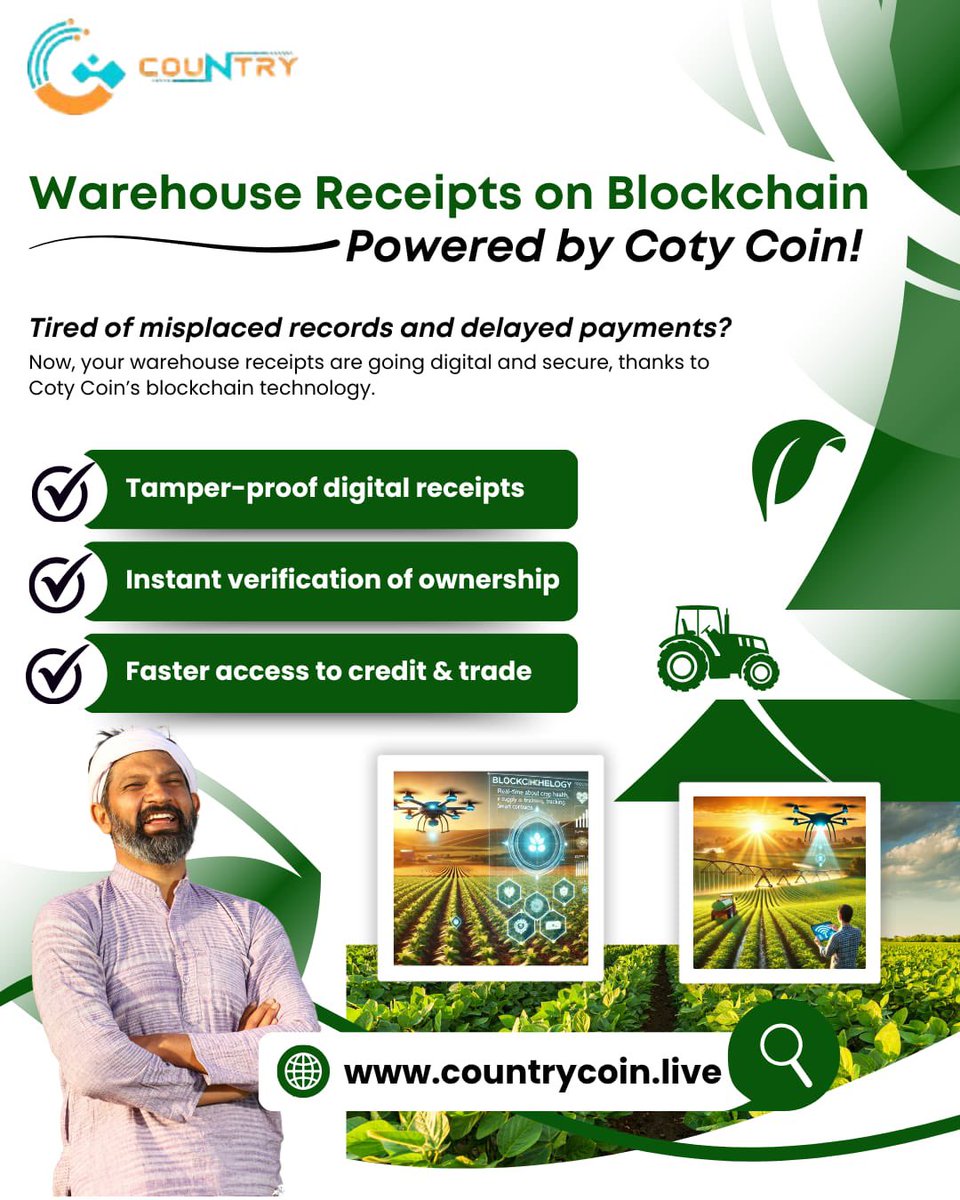 CotyCoin's tweet photo. 🌾📲 Say goodbye to paper chaos &amp; delayed payments!

🔗 Visit now 👉 https://t.co/TXeB2k8Soh

#BlockchainFarming #CotyCoin #DigitalReceipts #AgriTech #FarmerEmpowerment #SmartFarming #WarehouseReceipts
warehouse blockchain, tamper proof agri records, secure farm data, instant https://t.co/kn1wAhn4jn
