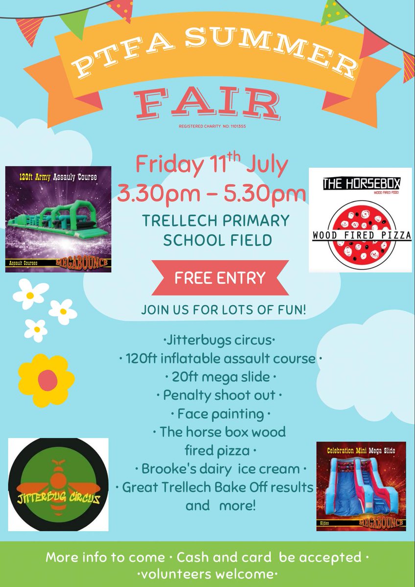 Trellech Primary PTFA (@trellechptfa) on Twitter photo Will you be joining us for our summer extravaganza on 11th July at <a href="/TrellechPrimary/">Trellech Primary Sch</a>...?
Circus, face painting, inflatable assault course, wood fired pizza and much much more๐๐ช๐๐ Will you be joining us for our summer extravaganza on 11th July at <a href="/TrellechPrimary/">Trellech Primary Sch</a>...?
Circus, face painting, inflatable assault course, wood fired pizza and much much more๐๐ช๐๐