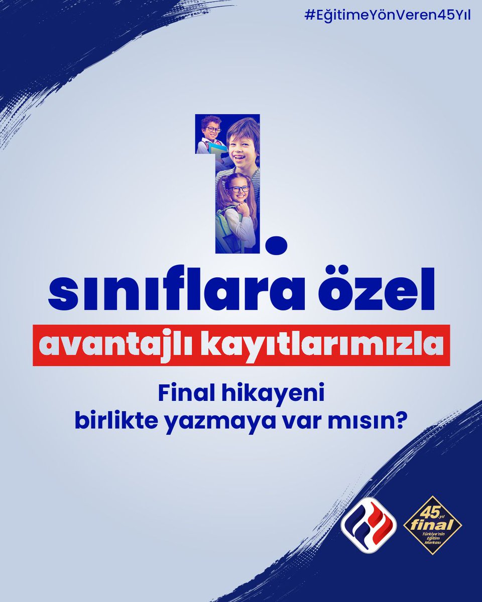45 yıldır hem akademik hem kişisel başarıyı birlikte inşa ediyoruz! 💙
1. sınıflara özel avantajlı kayıtlarımızla Final hikayeni birlikte yazmaya var mısın? 

#EğitimeYönVeren45Yıl #FinalEğitimKurumları #FinalOkulları